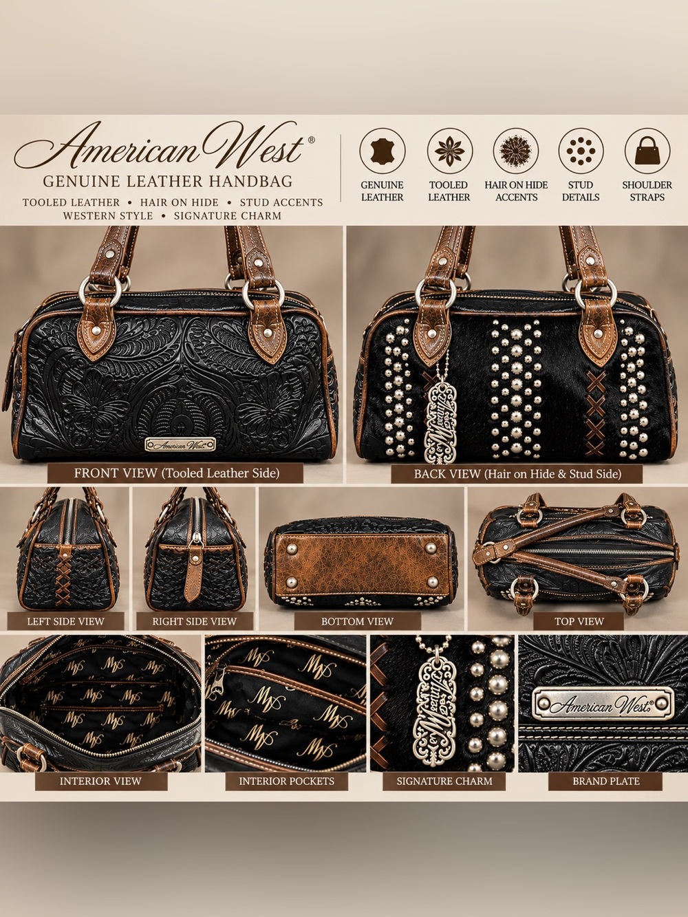 American West Genuine LAmerican West Genuine Leather Tooled Shoulder Bag Handbag